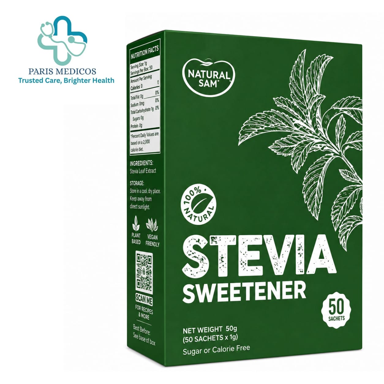 Natural Sam Stevia Sweetener 50 Sachets (50g)