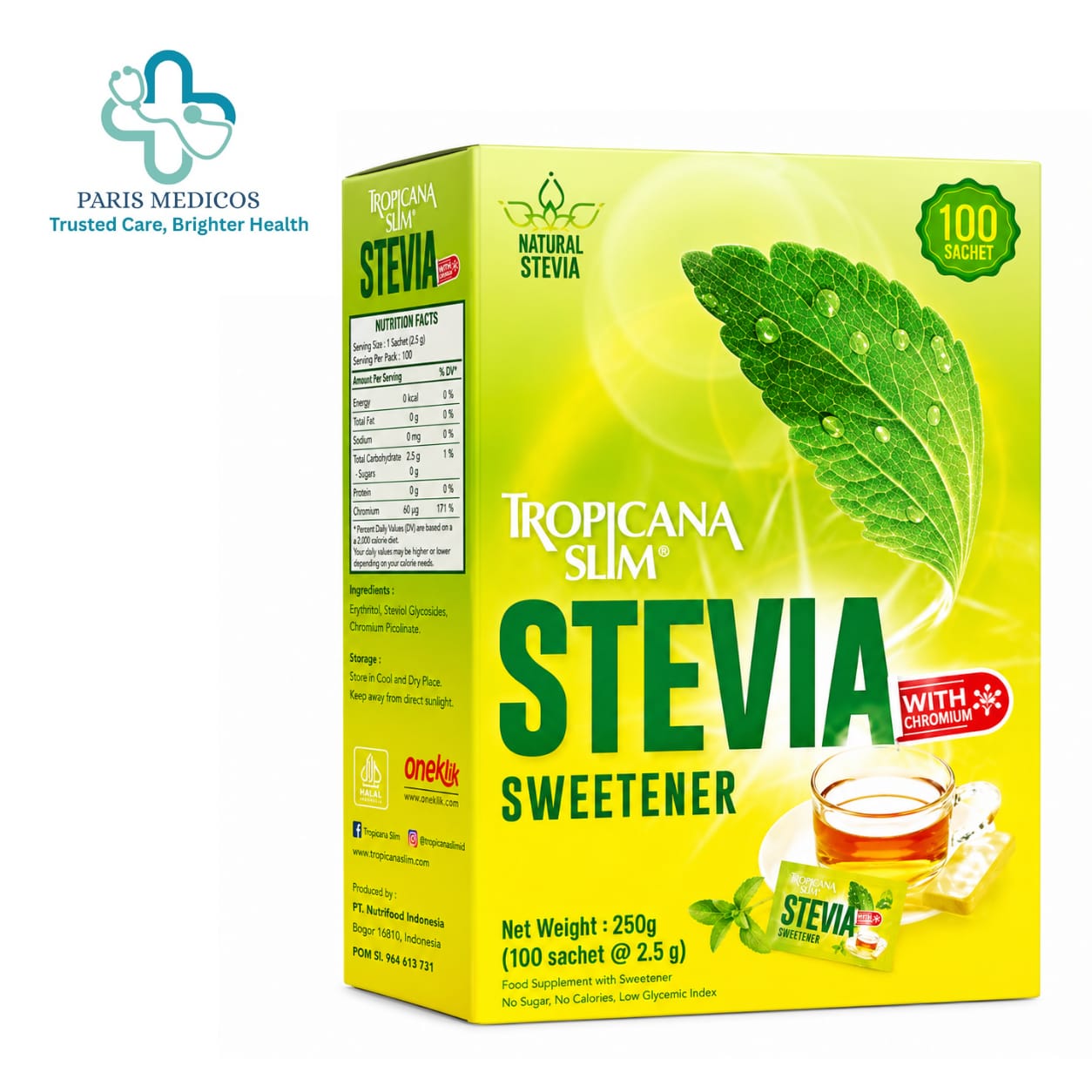 Tropicana Slim Stevia Sweetener with Chromium 250g (100 Sachets x 2.5g)
